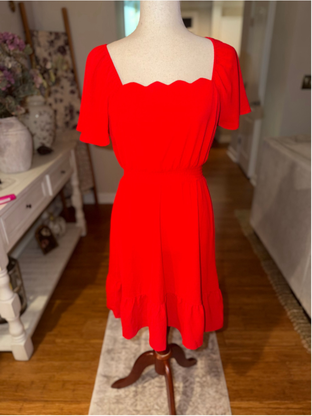 Women's Monteau Red Scalloped Neck Midi Dress Size M
